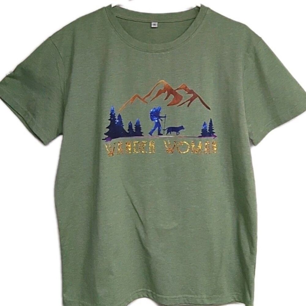 Wander Woman Shirt Women X-large Hiking Outdoors Dog Companion Tee Green XL
